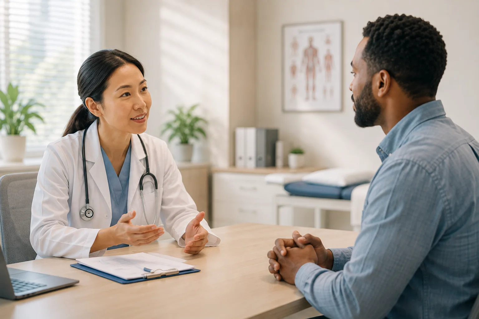 A doctor and a patient talking across a consulting-room desk.